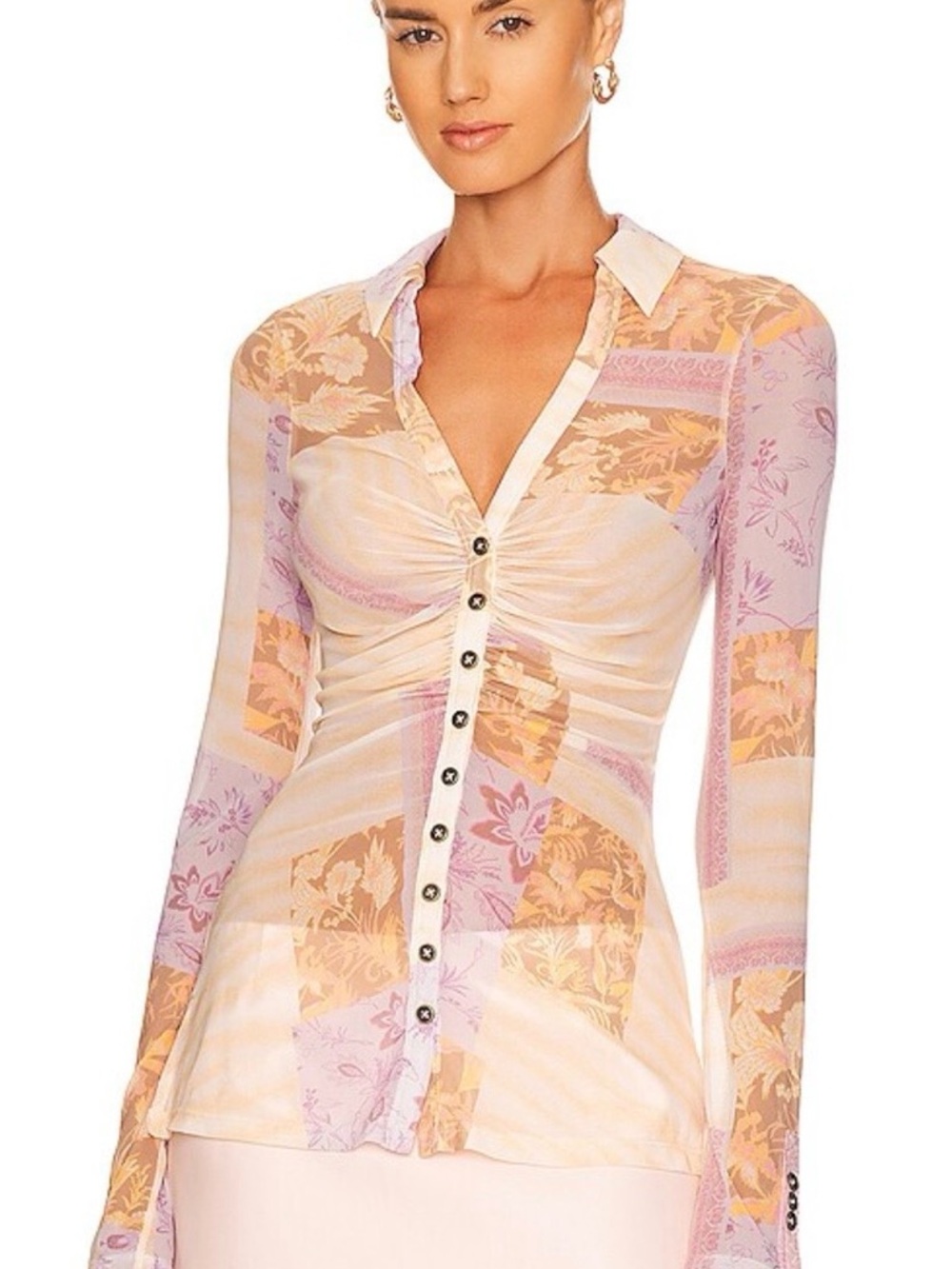 Free People Pink and Cream Floral Mesh Top